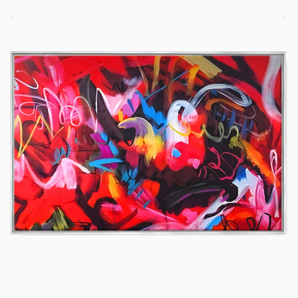 Tablou canvas cu tablou canvas cu graffiti rosu, in rama de aluminiu argintiu